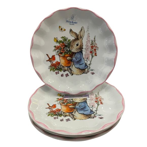 Beatrix Potter Peter Rabbit Easter Salad Plates Set of 4 Scalloped Pink Trim NEW - Picture 8 of 14